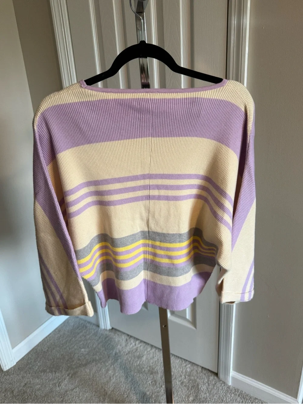 Pastel Striped Boxy Crewneck Sweater - Lavender & Cream